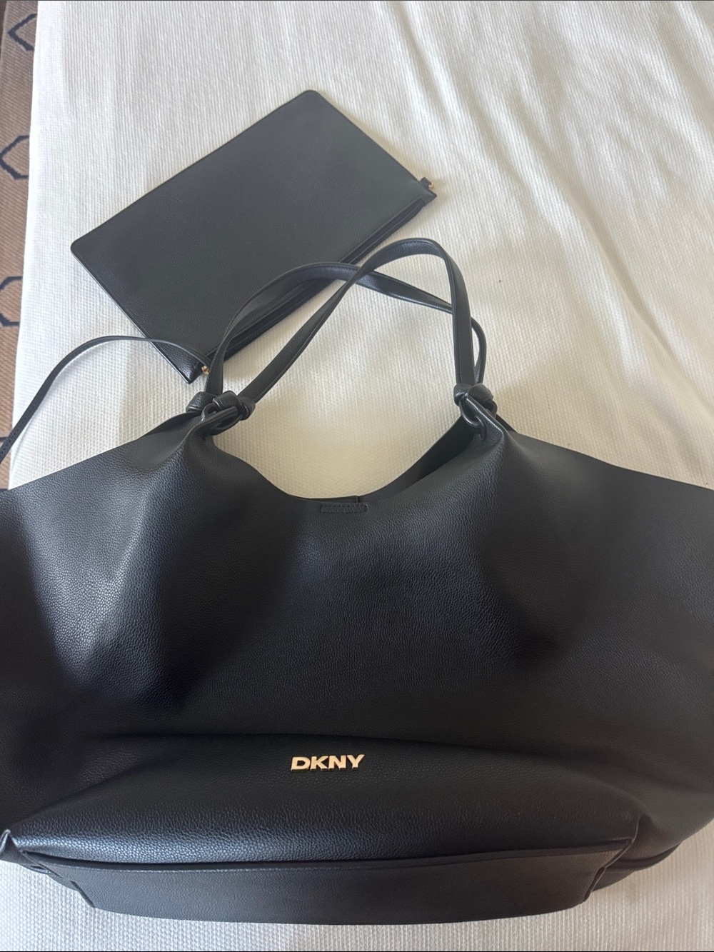 DKNY Black Leather Tote with Removable Pouch and Knotted Straps
